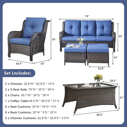 Rilyson Wicker Patio Furniture Sofa Set - 7 Piece Rattan Outdoor Patio Sectional Conversation Sets with 2 Sofa,2 Armrest Chairs,1 Coffee Table and 2 Ottomans for Porch Deck Garden(Brown/Blue)