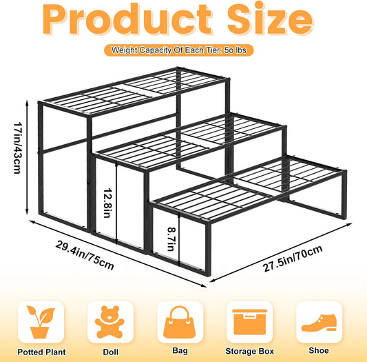 3 Tier Metal Plant Stand Indoor Outdoor, Potted Multiple Flower Pot Holder Rack Plant Shelf, Heavy Duty Planter Display Shelving for Patio Balcony Garden Living Room Decorative (3 Tier- Black)
