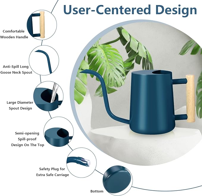 Watering Can Indoor Plants, 35oz Small Stainless Steel Metal Watering Can Modern Decorative Watering Pot with Long Spout for Indoor House Plant Bonsai Garden Flowers (Dark Blue)