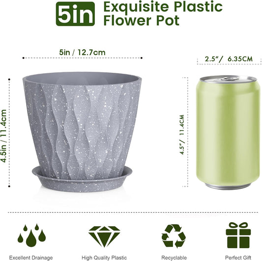 5 inch Plant Pots for Indoor Outdoor Plants, 6 Pack Thick Flower Pots with Drainage Holes and Saucers, 3D Modern Wave Texture Small Plastic Planters Nursery Pots, Speckled Grey