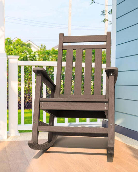 SERWALL Oversized Rocking Chair, Outdoor Rocking Chair for Adults, All Weather Resistant Porch Rocker for Lawn Garden, Brown