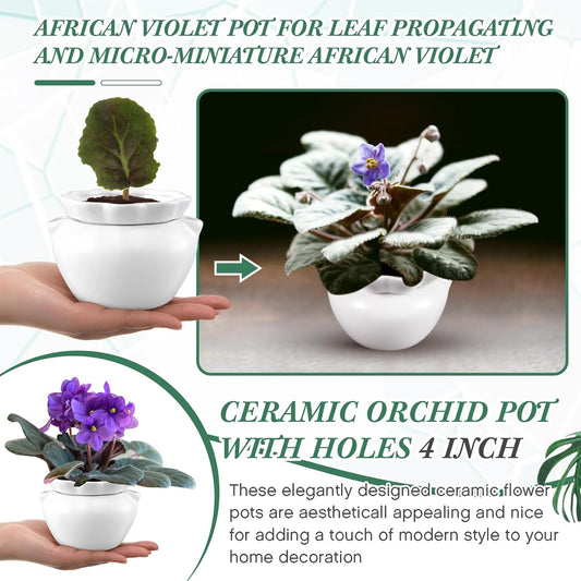 4 Set 4 Inch African Violet Pots Self Watering White Ceramic Planter Highly Absorbent Inner Planter Pot for Indoor Plants Plant Lovers Ideal Plant Pot Thriving Plant Flower Maintenance