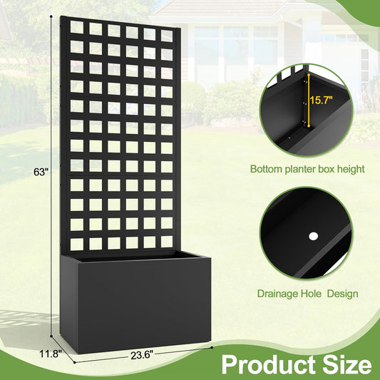 Metal Raised Garden Bed, Trellis Planters Bed with Drainage Holes for Climbing Plants, Vegetables Outdoor Privacy Screen with Planter Box 63"x24"x12", Black