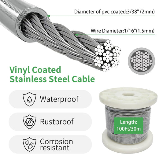 3/38" Wire Cable Rope Kit ,Vinyl Coated 304 Stainless Steel Wire – 100FT 7x7 Strand Cable with Turnbuckles,String Lights Hanging Kit for Outdoor, Garden,Patio, Crafts, Hanging Lights