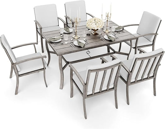 HAPPATIO 7 Piece Patio Dining Set, Aluminum Outdoor Dining Set for 6, Aluminum Dining Table and Chairs Set, Patio Furniture with Table, Chairs and Washable Cushions (Gray)