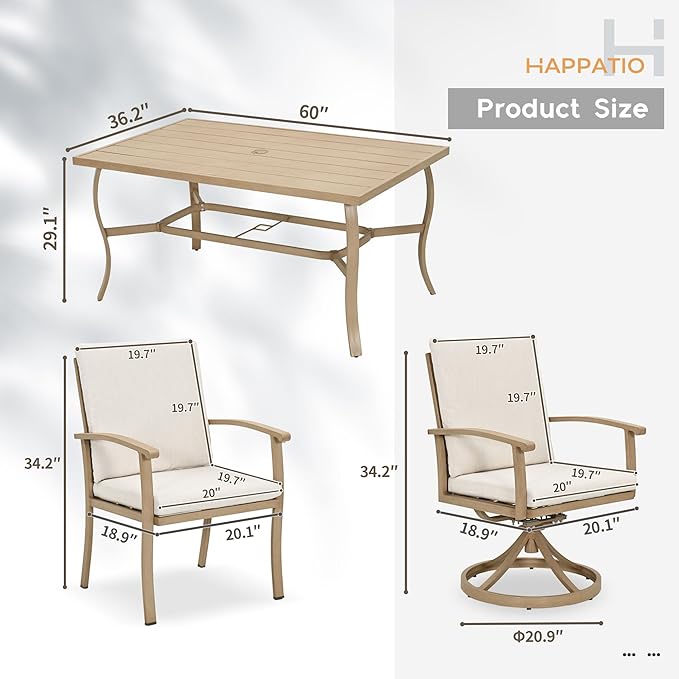 HAPPATIO 7 Piece Patio Dining Set, Aluminum Outdoor Dining Set for 6, Patio Furniture Sets, 2 Swivel Dining Chairs, 4 Dining Chairs, Aluminum Furniture Set for Patio, Yard (Beige)
