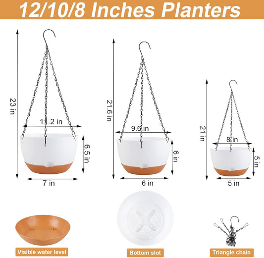 8/10/12 inch Hanging Planters for Indoor Outdoor Plants with Self-Watering Pots, 3 Pack Plastic Hanging Basket with Removable Tray for Home Garden Porch Balcony Patio Decor(White)