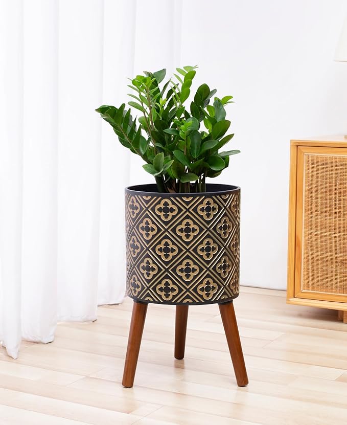10 Inch Plant Pot with Stand, Planter for Indoor Plants, Modern Large Flower Planter Pot with Drainage Holes for Outdoor, Black & Gold