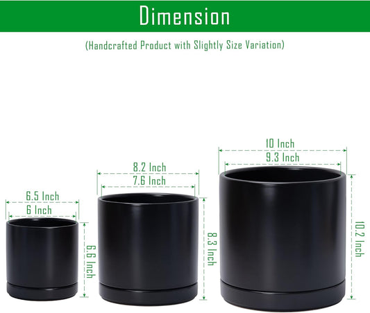 D'vine Dev 6 Inch & 8 Inch & 10 Inch, Set of 3 Round Ceramic Planter Pot with Drainage Hole and Saucer, Black, 94-T-L-2