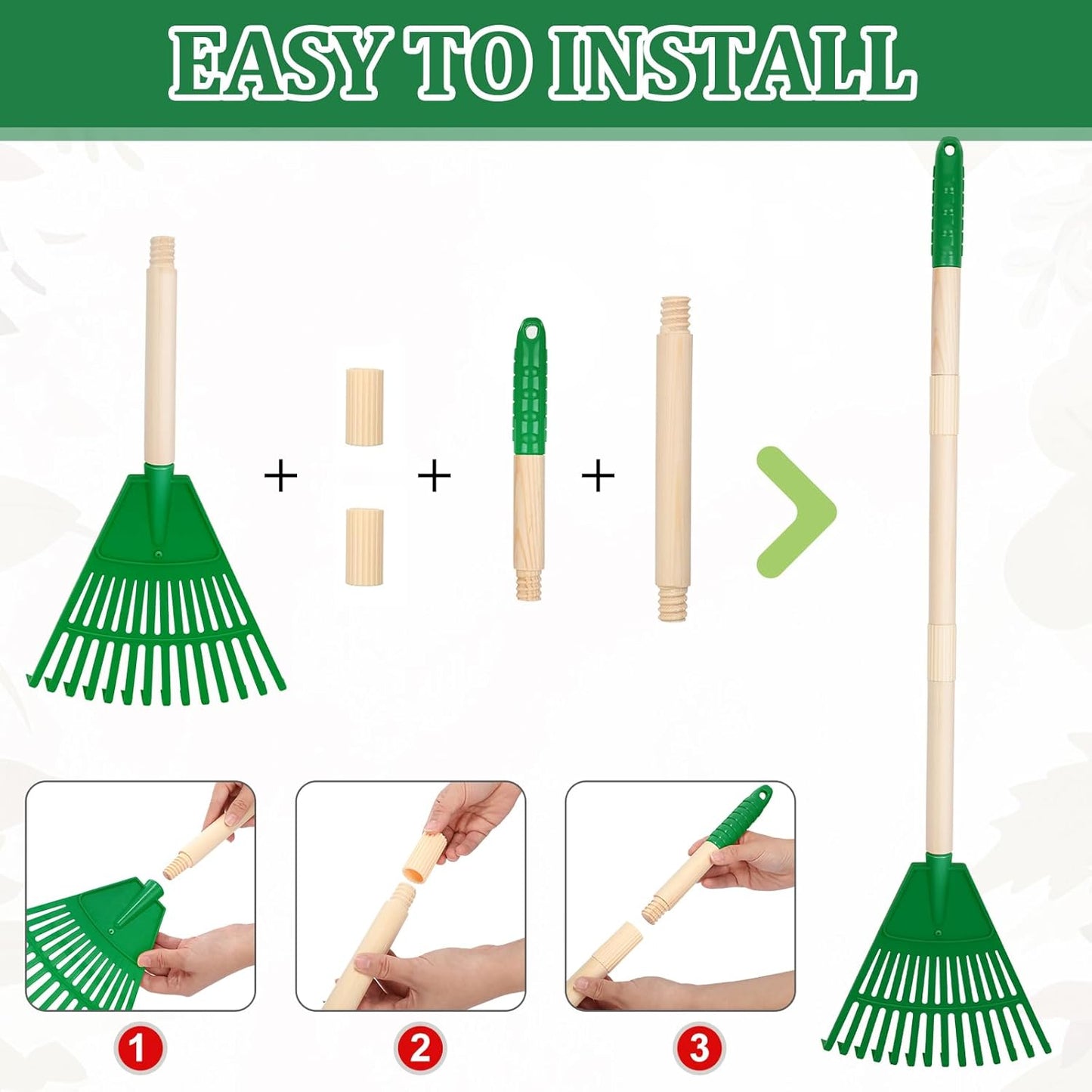 Therwen 8 Pcs Kids Rake 31" Child Size Plastic Lawn Rakes for Leaves Small Rake with Plastic Head and Wooden Handle Toddler Kid Gardening Tools for Leaves Gardening Camping(Green)