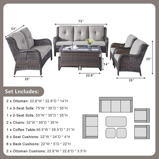 Outdoor Patio Furniture Sofa Set - 7 Piece Rattan Wicker Patio Sectional Conversation Sets with 1 Sofa,1 Loveseat,1 Coffee Table,2 Armrest Chairs and 2 Ottomans for Porch Deck Garden(Brown/Grey)