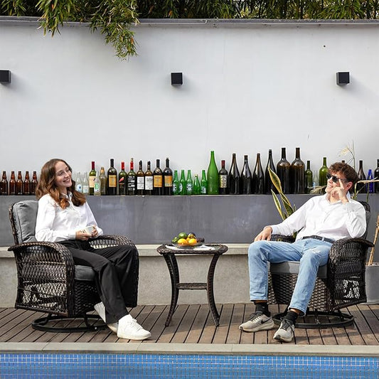 3 Pieces Patio Furniture Set, Outdoor Swivel Glider Rocker, Wicker Patio Bistro Set with Rocking Chair, Thickened Cushions and Table for Porch (Grey)