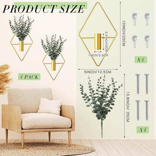 Jexine Hanging Planters with Artificial Eucalyptus Metal Hanging Vase Indoor Plants Holder Modern Geometric Boho Bathroom Wall Decor for Living Room Home Office(Gold,8 Pcs)