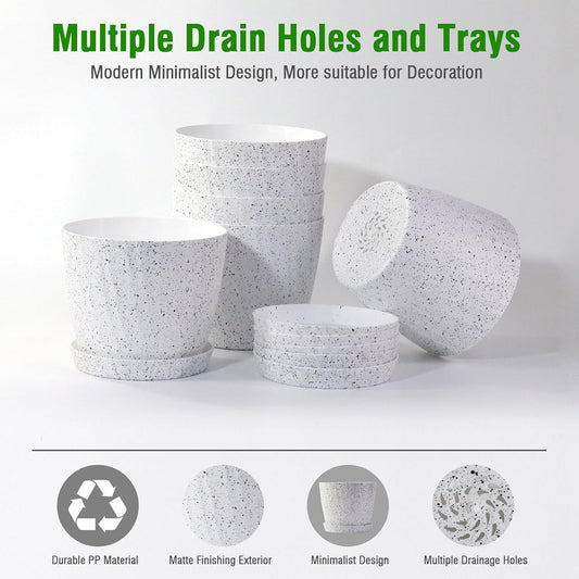 6 Inch Plant Pots Bulk, 6 Pack Plastic Planters with Drainage Holes and Saucers for Indoor Outdoor House Plants and Flowers,White Spots