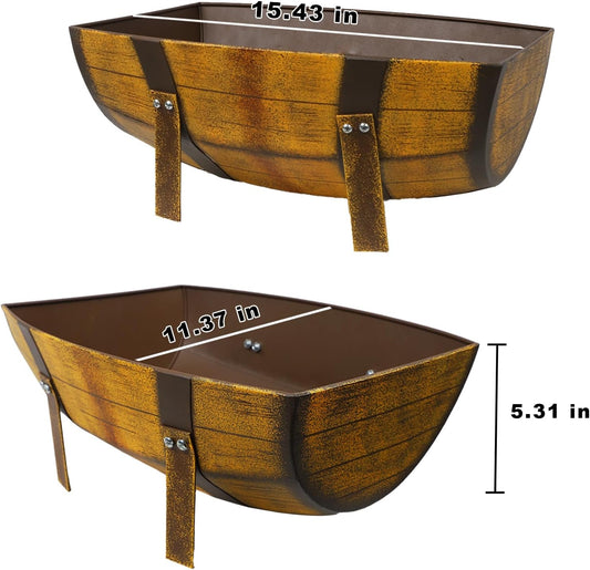 15.43In 2 Pack Rustic Barrel Planters, Decorative Outdoor Garden Backyard Planter with Legs, Metal Flower Pot Half Barrel Planter Box, Brown
