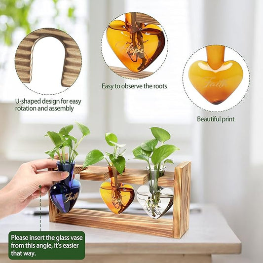 Plant Terrarium Propagation Stations Faith Hope Love Hydroponics Home Garden Decoration Gift for Women with Wooden Stand Heart Shaped Colored Glass Vase