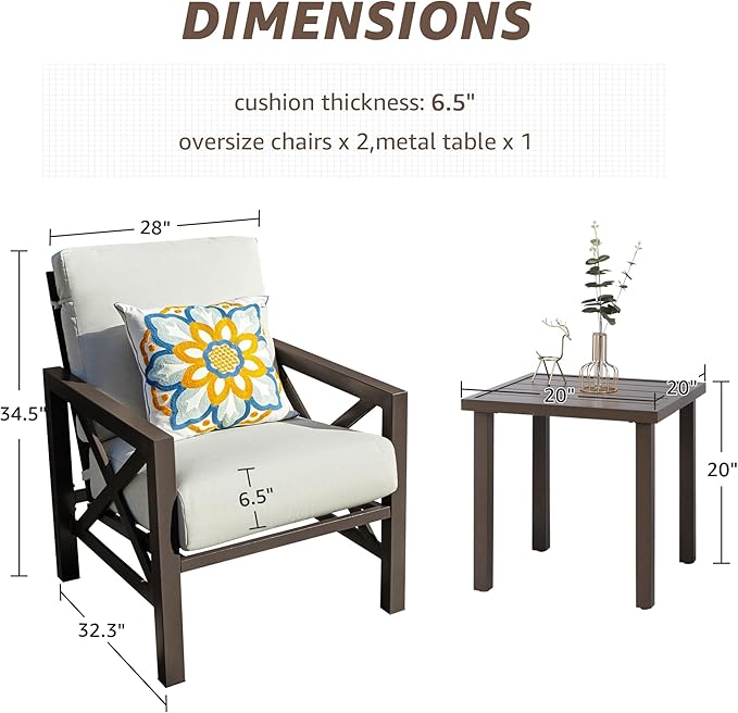 NATURAL EXPRESSIONS 3-Piece Patio Bistro Set, Patio Conversation Furniture Set with 2 Chairs and 1 Metal Coffee Table, 6.5'' Thick Olefin Cushions for Backyard,Porch,Poolside
