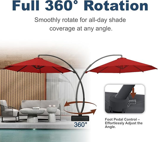 12FT Cantilever Umbrella with Base Large Curvy Outdoor Aluminum Offset Umbrella w/ 360° Rotation, UV Resistant Canopy for Patio, Garden, Backyard, Red
