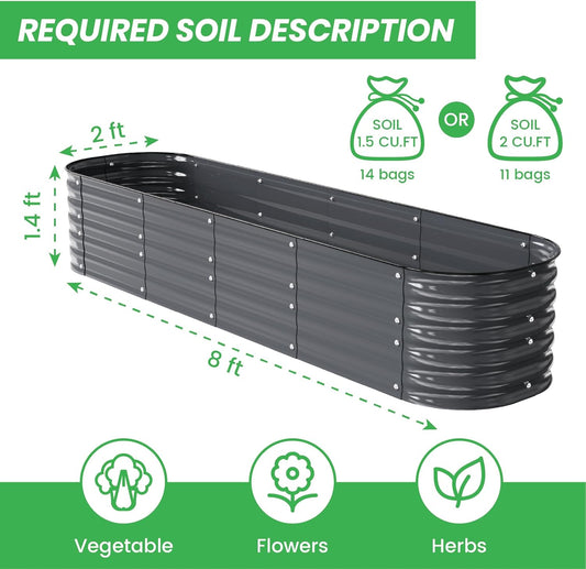 Raised Garden Bed Kit 8×2×1.4 FT Magnesium-Aluminum-Zinc Stainless Steel Metal Planter Box for Planting Outdoor Plants Vegetables(Gray)