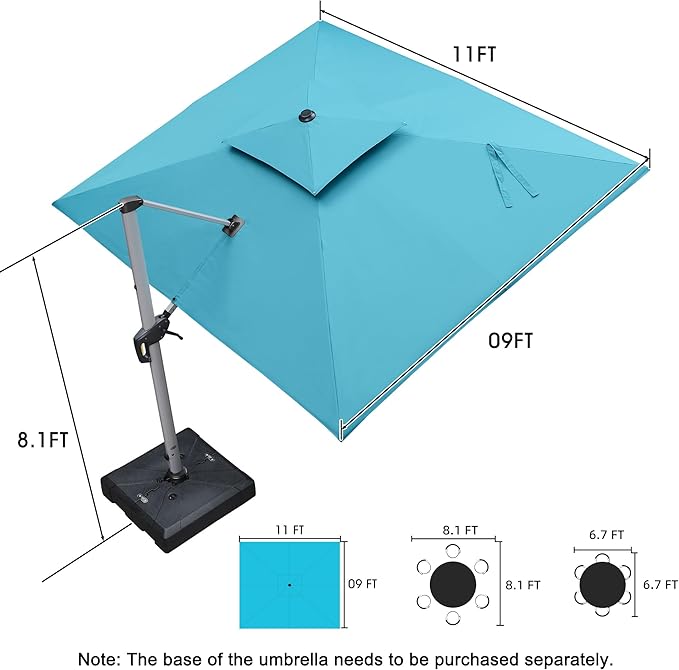 PURPLE LEAF 9' X 11' Patio Umbrella Outdoor Rectangle Umbrella Large Cantilever Umbrella Windproof Offset Heavy Duty Sun for Garden Deck Pool Patio, Turquoise Blue