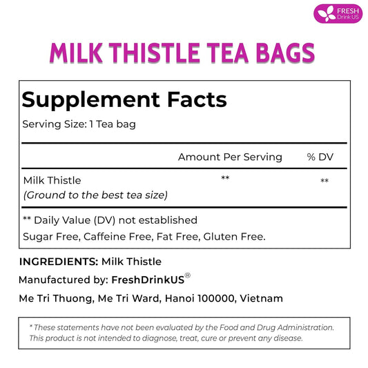 FreshDrinkUS, Premium 30 Milk Thistle Tea Bags, 100% Natural & Pure from Milk Thistle Seeds. Milk Thistle Seed Herbal Tea. Made with Natural Material Tea Bags. No Sugar, No Caffeine, No Gluten, Vegan.
