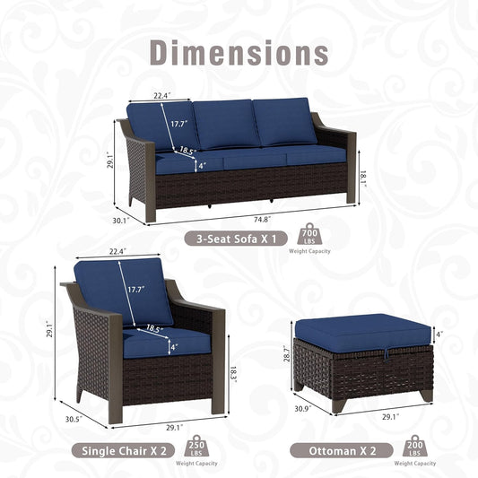 5 Piece Wicker Patio Conversation Set, All-Weather Use Outdoor 2 PE Rattan Chair, 2 Ottoman, 1 Patio Sofa, Removable Water-Resistant Cushion, Ideal for Porch, Backyard, Balcony, Poolside, Blue
