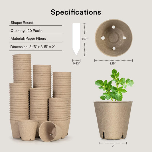 VIVOSUN Peat Pots, 120 Packs 3.15-Inch Seed Starting Pots with Drainage Holes, Round Nursery Pot, 20 Plant Labels for Flowers, Plants, Vegetables, 120Pcs