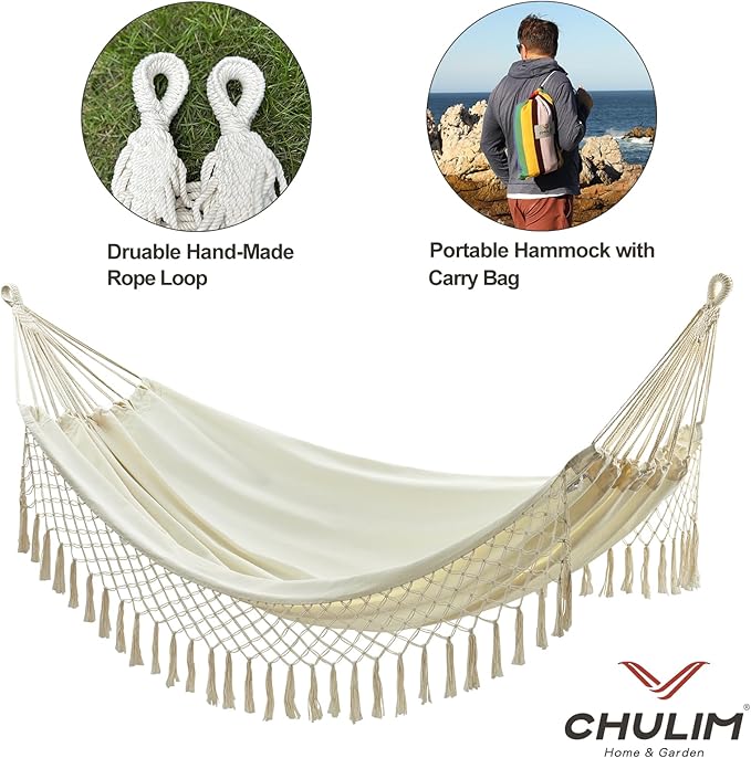 Brazilian Double Hammock with Tree Straps,Extra Large 94x63IN,2 Persons Hammock for Backyard Patio Outdoor Indoor,450lbs Weight Capacity,Soft Woven Cotton Fabric - Natrual White with Tassels
