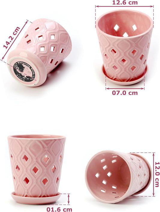 Whispering Winds Ceramic 5 x 6 Inch Orchid Pot with Holes & Saucer for Aeration and Drainage - Decorative Orchid Pots for Repotting, Prevent Over Watering & Root Rot (Cavern Pink)