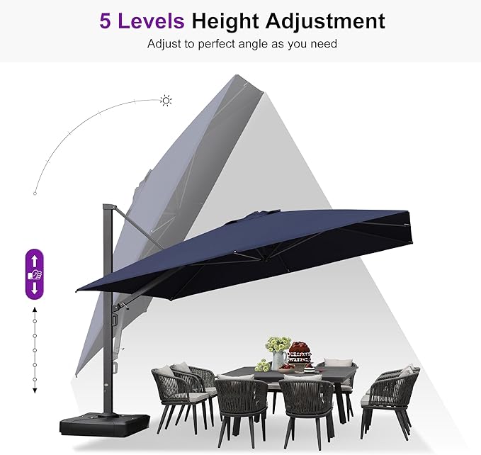 PURPLE LEAF 12 FT Square Patio Umbrella Large Outdoor Aluminum Offset Umbrella with 360-degree Rotation Cantilever Umbrella for Garden Deck Backyard Pool, Navy Blue