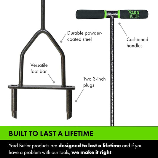 Yard Butler Manual Lawn Coring Aerator - Core Aerator for Lawn Care - Loosen Compacted Soil - Dethatcher Garden Tool for Lawn Health - Plug Core Soil Aeration Tool - Gray, 37 Inches