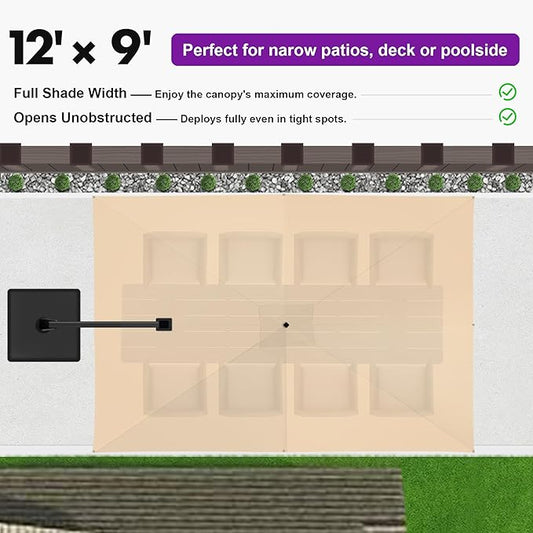 PURPLE LEAF 12' X 9' Rectangle Patio Umbrella Large Outdoor Aluminum Offset Umbrella with 360-degree Rotation Cantilever Umbrella for Garden Deck Backyard Pool Beige