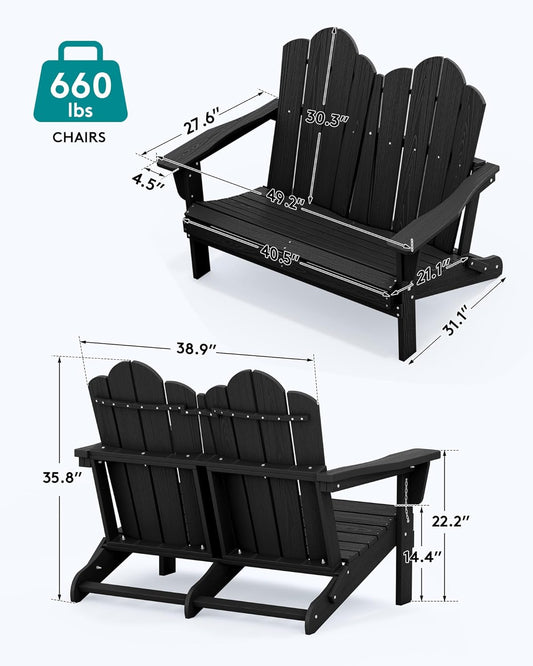 SERWALL 2 Person Adirondack Loveseat, HDPE All-Weather Folding Adirondack Bench Chair, Outdoor Adirondack Chair Set of 4, Black