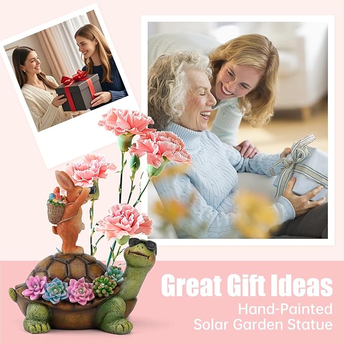 Solar Turtle Garden Statue with Bunny and LED Succulent Flowers β Outdoor Lawn Decor with Lights, Cute Animal Yard Ornament for Patio, Pathway, or Garden Gift (Turtle)