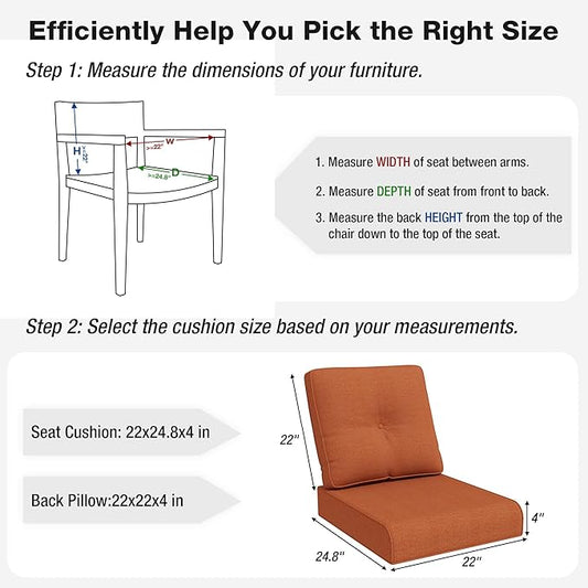 Joyside Outdoor Chair Cushions Set, 22x25/22x24 Inch Patio Furniture Deep Seat Cushions, Water Resistant & Thick Cushion, Outdoor Replacement Cushions for Seat and Sofa (Orange, 1 Set)