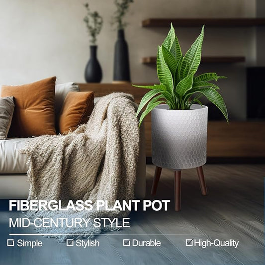 12 Inches Indoor Plant Pot with Walnut Color Stand Honeycomb Embossed Flower Pot with Drainage Holes Large Modern Planters for Indoor Plants-Gradient White Gray