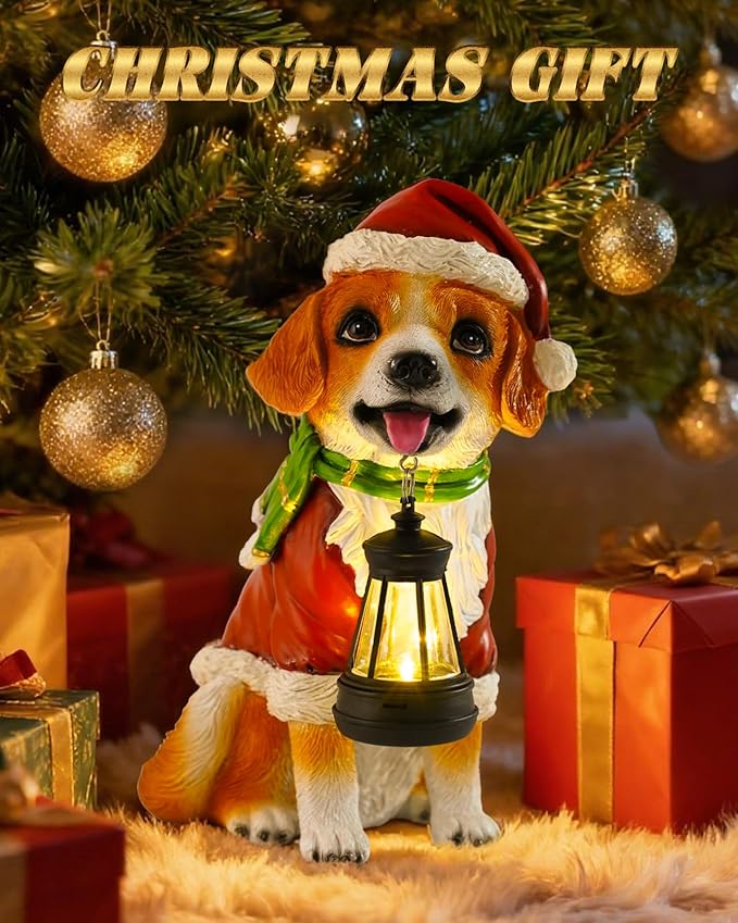 Christmas Dog Garden Statue with Solar Lantern – Santa Dog Figurine in Red Coat & Hat, Outdoor Christmas Yard & Porch Decorations, Balcony & Lawn Decor, for Dog Lovers