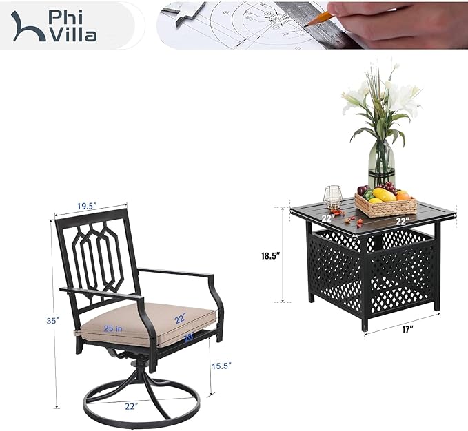PHI VILLA 3 Piece Outdoor Bistro Set for 2, 22" Wrought Iron Square Table with Umbrella Hole & Swivel Metal Chairs, Small Furniture Conversation Set for Porch, Deck, Balcony, Patio, Yard - Black
