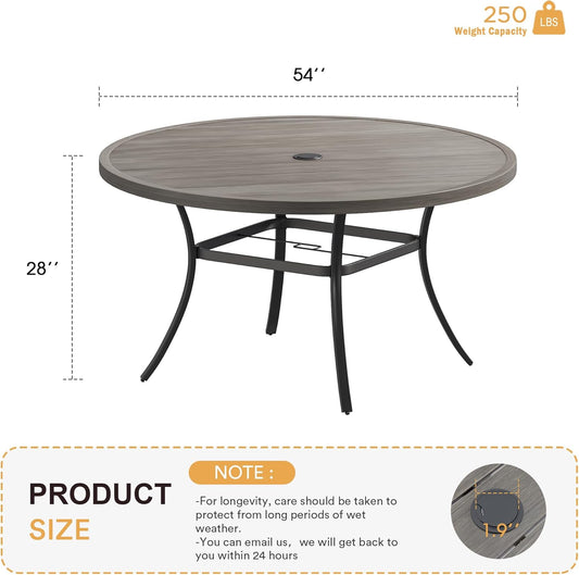 VICLLAX 53" Outdoor Round Patio Table for Lawn Garden, All Weather Metal Round Patio Dining Table with Adjustable Umbrella Hole, Patio Table for 8 Person, Grey Wood-Like Tabletop