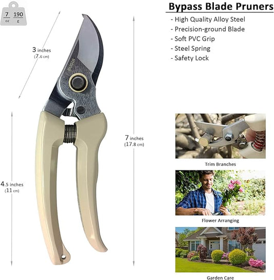 7" Small Pruning Shears Garden Shears - Premium Alloy Steel Bypass Pruner, Precision-ground Blades, Heavy Duty Gardening Tools, Ivory