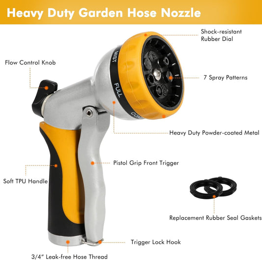 RESTMO Garden Hose Nozzle, Heavy Duty Metal Water Hose Nozzle with 7 Adjustable Spray Patterns, High Pressure Hand Sprayer with Flow Control, Best for Watering Plant & Lawn, Washing Car & Pet, Yellow