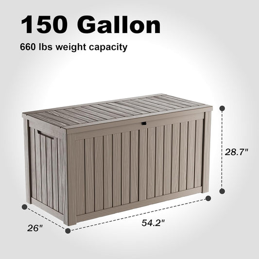 150 Gallon Deck Box,Resin Outdoor Storage Box with Lockable for Patio Furniture, Pool Accessories, Garden Tools Waterproof Outside Storage Box, Grey