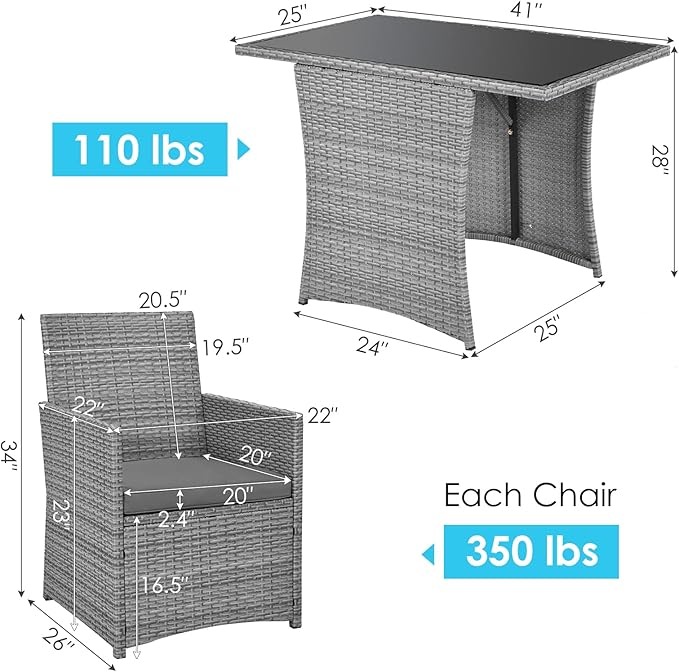 HAPPYGRILL 3-Piece Outdoor Wicker Bistro Set Space-Saving PE Rattan Dining Table Set with Cushioned Chairs, Patio Conversation Set for Backyard Porch Garden and Poolside