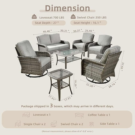 7-Piece Wicker Patio Furniture Set, All-Weather Rattan Conversation Bistro Loveseat Chair and Patio Rockers Set for Backyard, Balcony and Deck with Soft Cushions and Metal Table(Dark Gray)