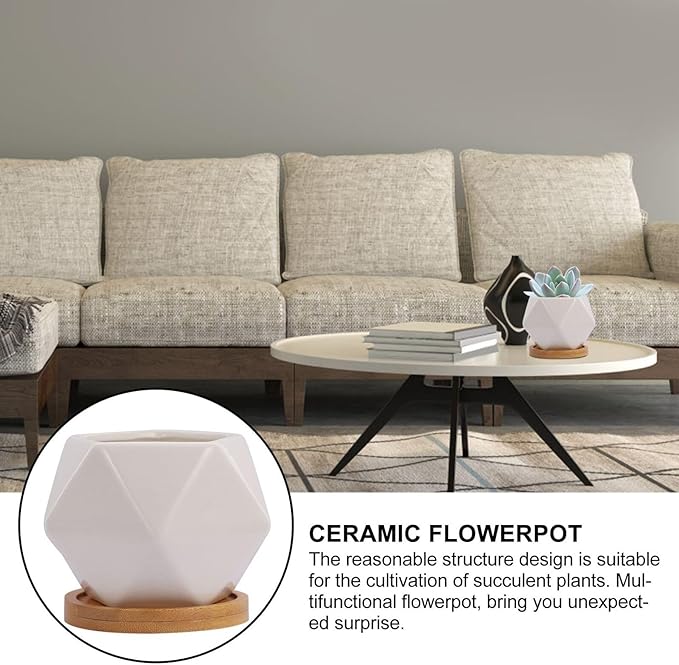 3 Sets Ceramic Succulent Flowerpot with Tray Geometric Bonsai Planter Pots for Indoor Succulents Seedling Pots with Air Permeability Cute Home Garden Decor