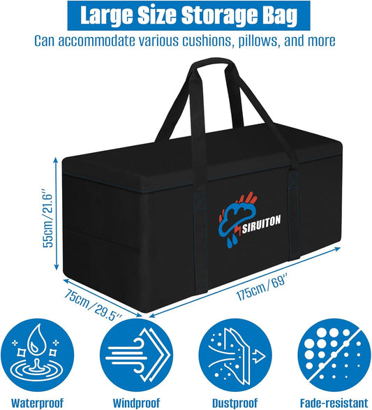 SIRUITON 68.9”L x 29.5”W x 21.6”H Outdoor Cushion Storage Bag,Patio Furniture Cushion Storage Bag,Heavy Duty Rip Proof 600D Oxford,with Handle and Zipper of Waterproof Garden Cushion Storage Covers