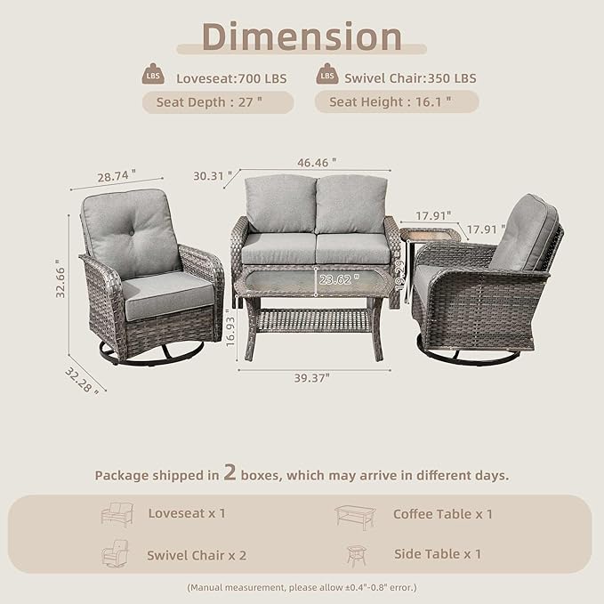 5 Pieces Patio Furniture Set,Outdoor Furniture with Rockers, Rattan Conversation Sets w/Coffee Table, Grey Wicker Light Dark Gray Cushion