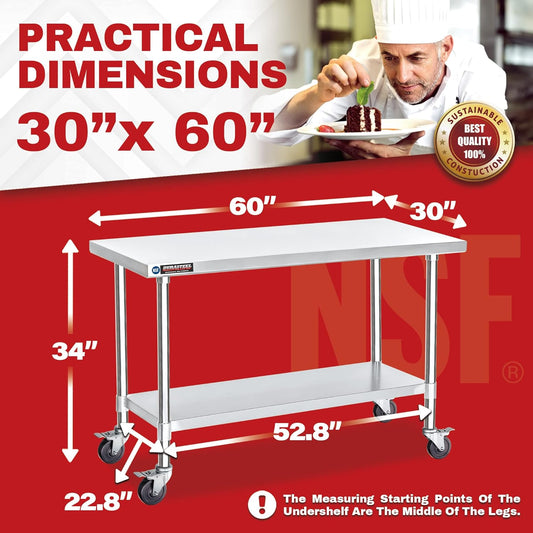 DuraSteel 30x60 NSF Stainless Steel Cart - Heavy Duty Food Prep Table with Undershelf - Rolling Kitchen Island on Wheels for Commercial Restaurant Kitchen, Garage, Outdoor Cooking, BBQ Grill, Counter