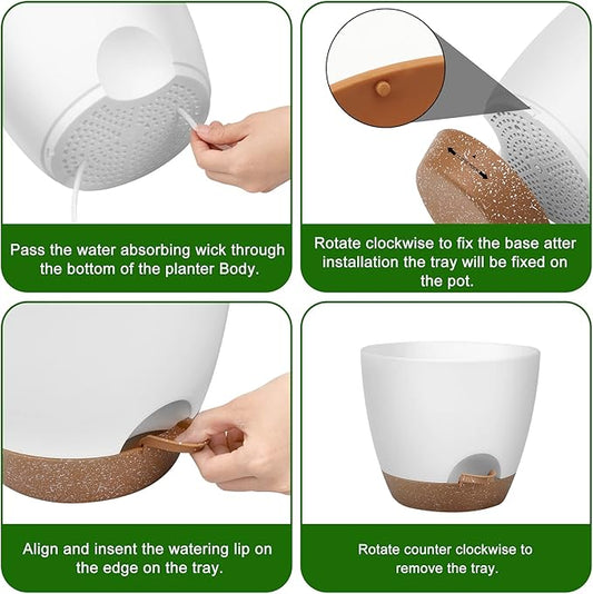 Plant Pots 12/10/9 Inch Self Watering Pots, Set of 3 Plastic Planters with Drainage Holes and Saucers,Plastic Flower Pots,Nursery Planting Pot for Indoor Out Door Plants(White)