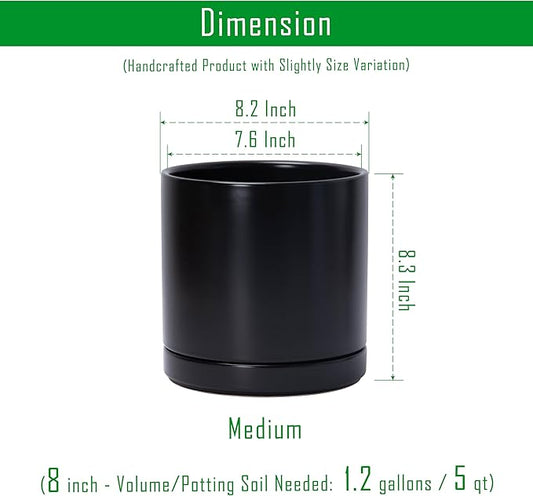D'vine Dev 8.2 Inch Ceramic Planter Pot with Drainage Hole and Saucer, Indoor Cylinder Round Planter Pot, Black, 94-O-D-2